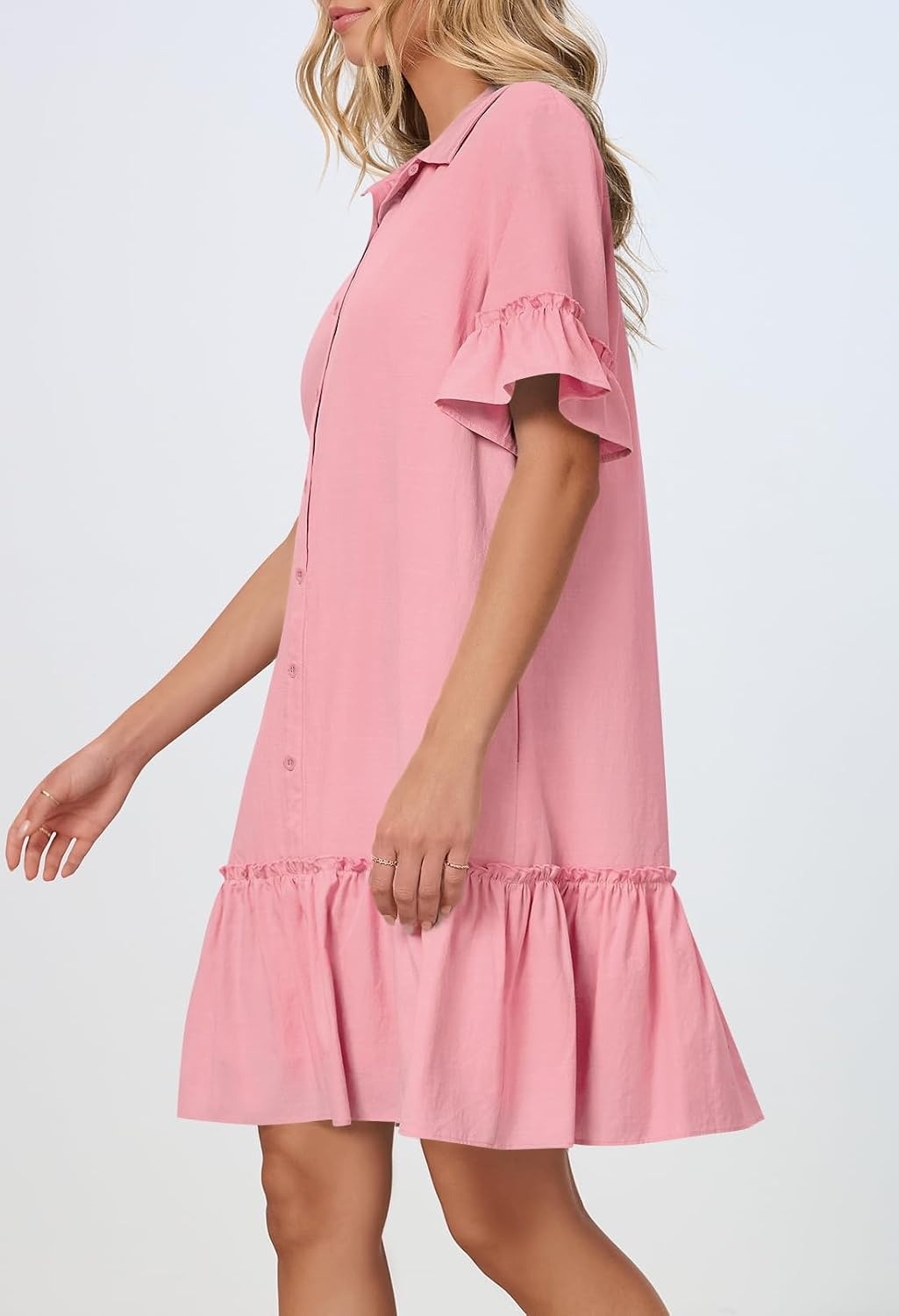 image:imageMEROKEETY Womens Summer Casual Tshirt Dress Button Down Shift Mini DressesPink