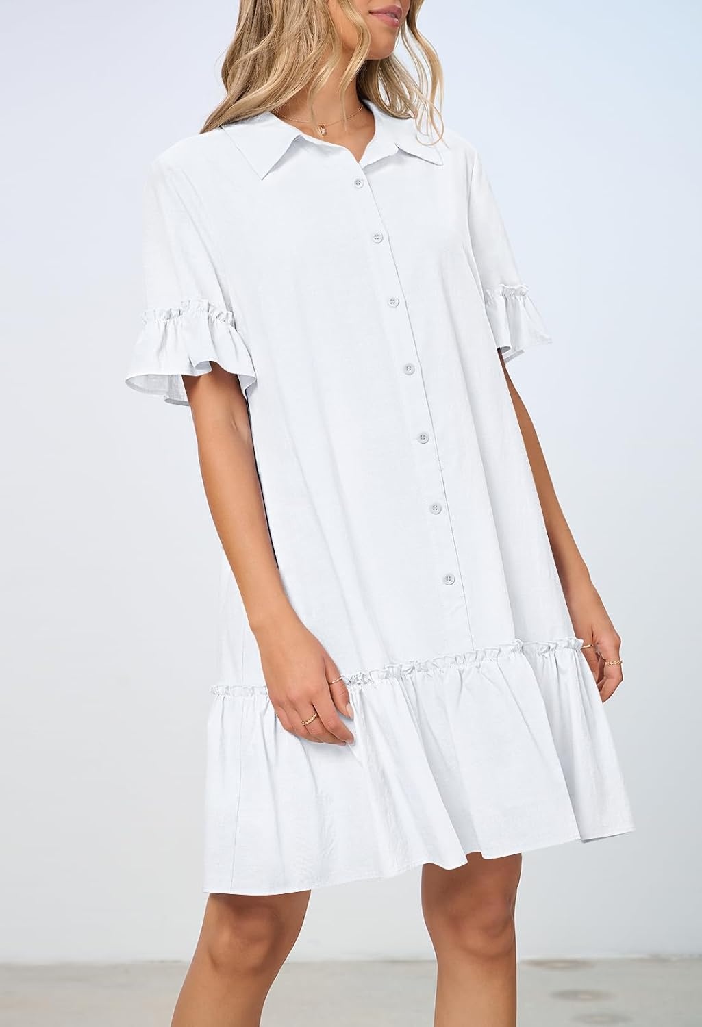 image:imageMEROKEETY Womens Summer Casual Tshirt Dress Button Down Shift Mini DressesWhite