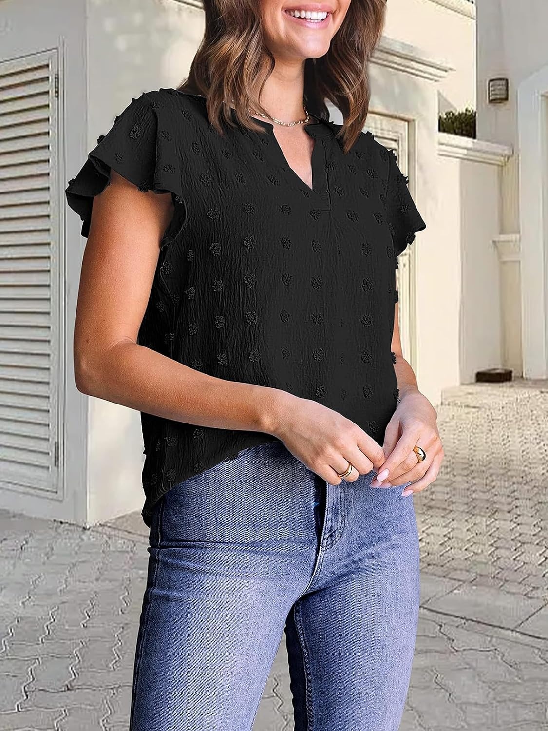 image:imageMEROKEETY Womens Summer Ruffle Sleeve V Neck Blouse Casual ShirtsBlack