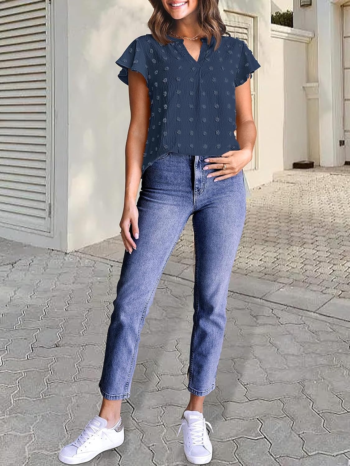 image:imageMEROKEETY Womens Summer Ruffle Sleeve V Neck Blouse Casual ShirtsDusty Navy