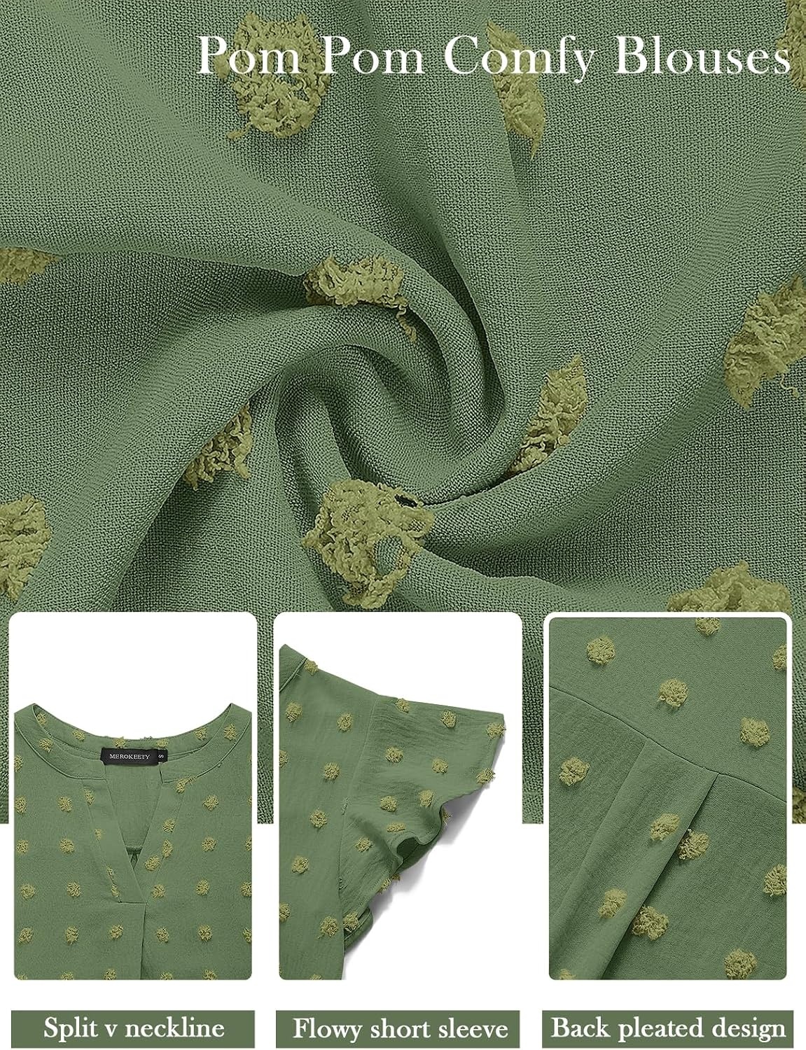 image:imageMEROKEETY Womens Summer Ruffle Sleeve V Neck Blouse Casual ShirtsGreen
