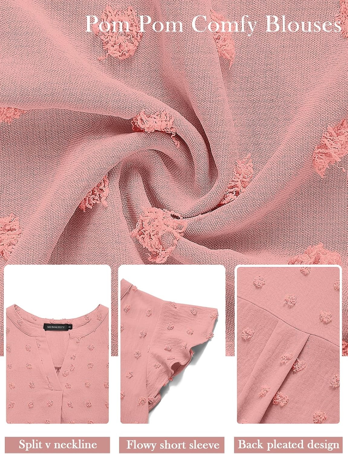 image:imageMEROKEETY Womens Summer Ruffle Sleeve V Neck Blouse Casual ShirtsPink