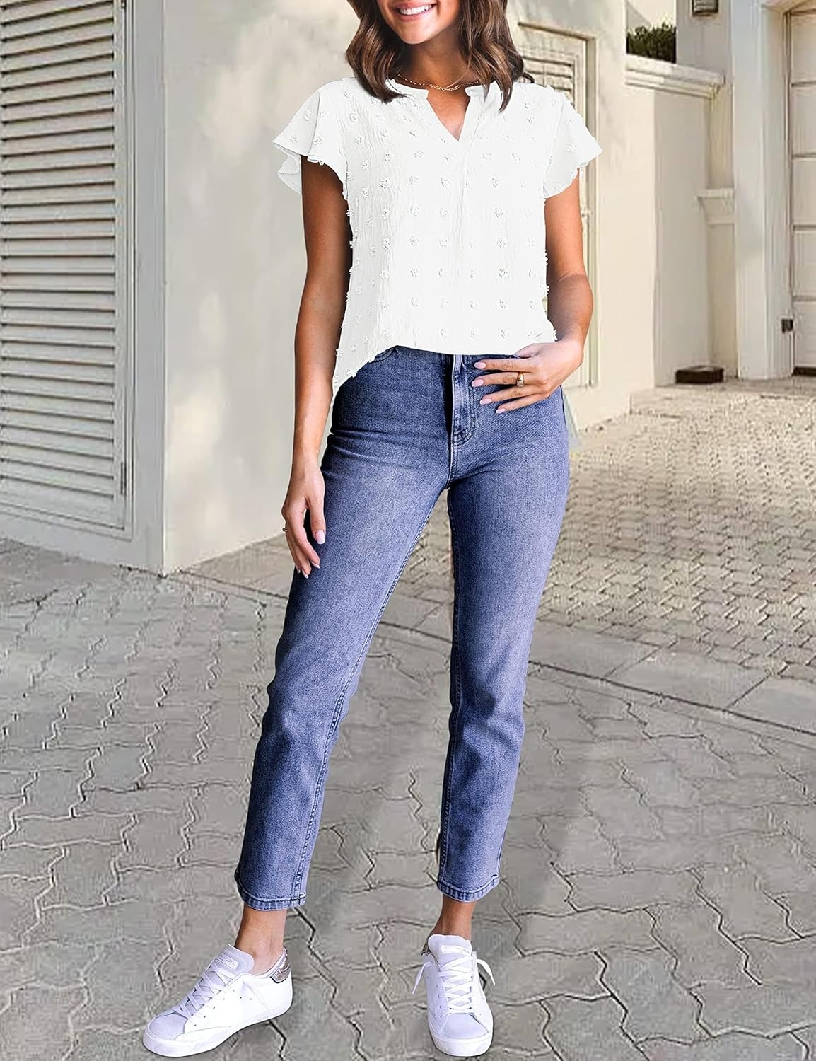 image:imageMEROKEETY Womens Summer Ruffle Sleeve V Neck Blouse Casual ShirtsWhite