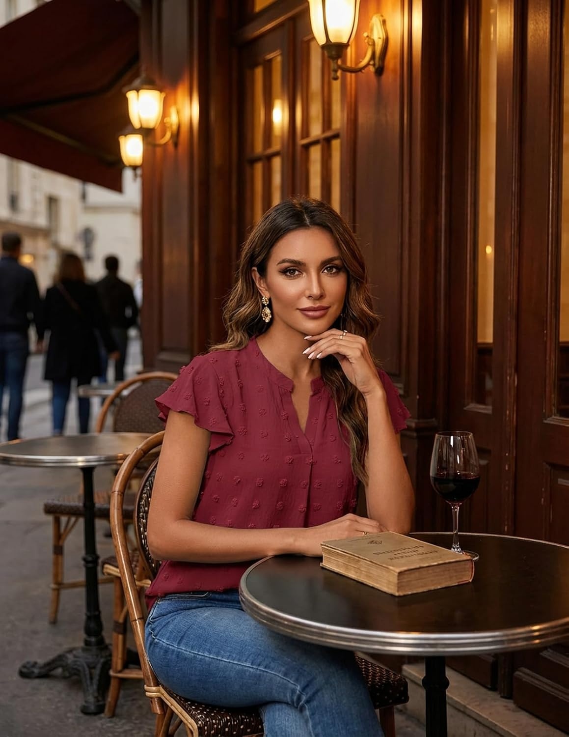 image:imageMEROKEETY Womens Summer Ruffle Sleeve V Neck Blouse Casual ShirtsWine Red
