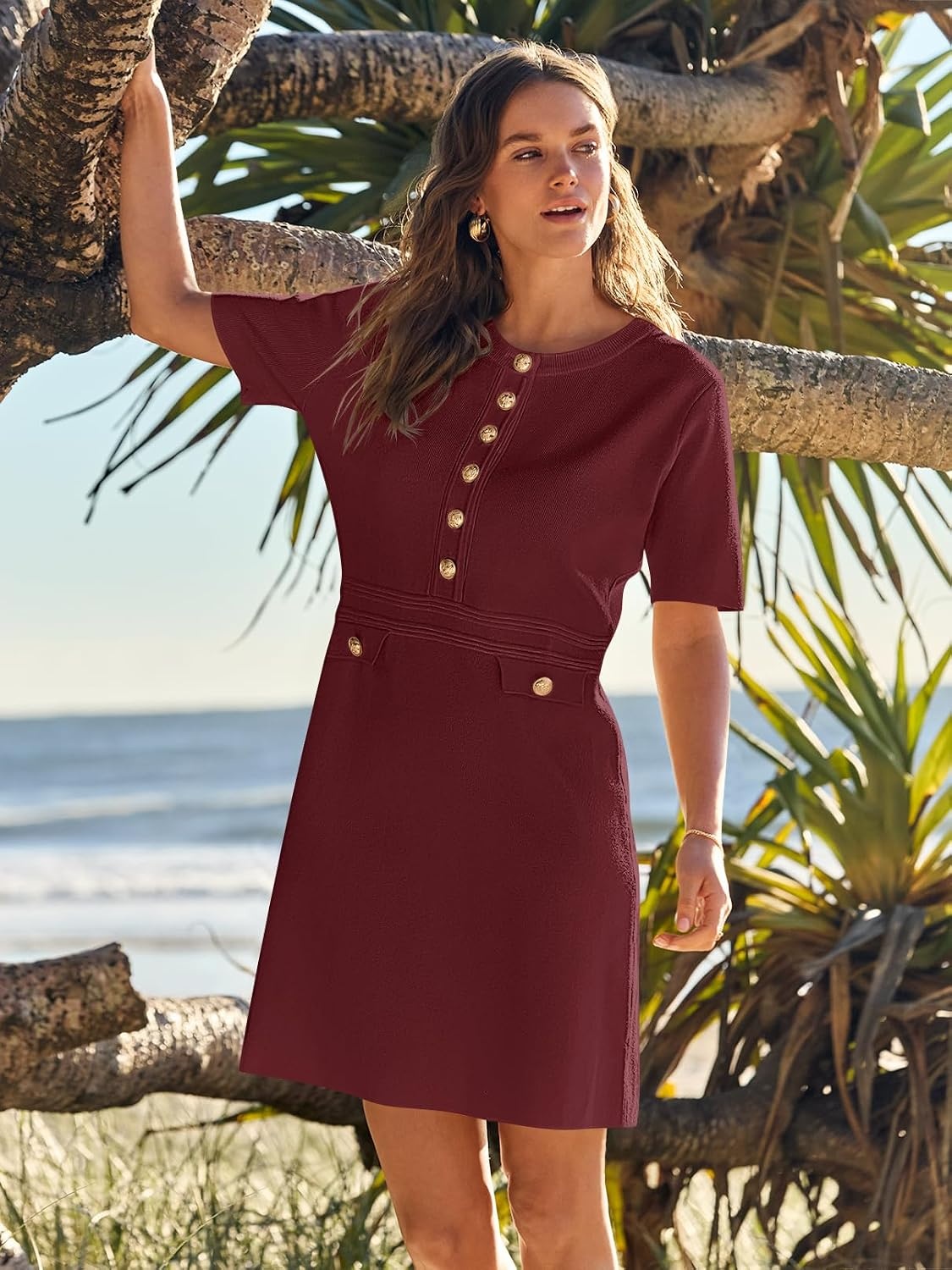 image:imageMEROKEETY Womens Summer Short Sleeve Bodycon Sweater Mini DressWine