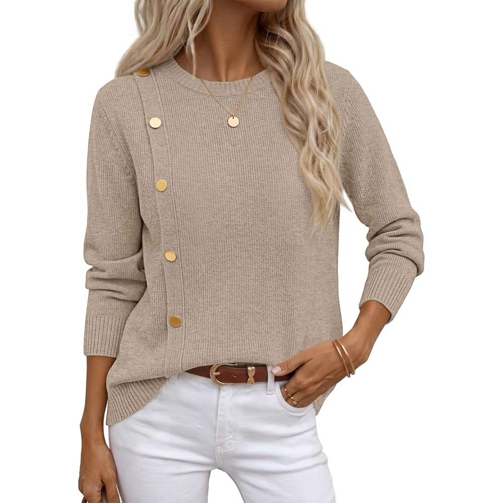 image:imageMEROKEETY Fall Sweaters for Women Long Sleeve Button Pullover Knit TopsCamel