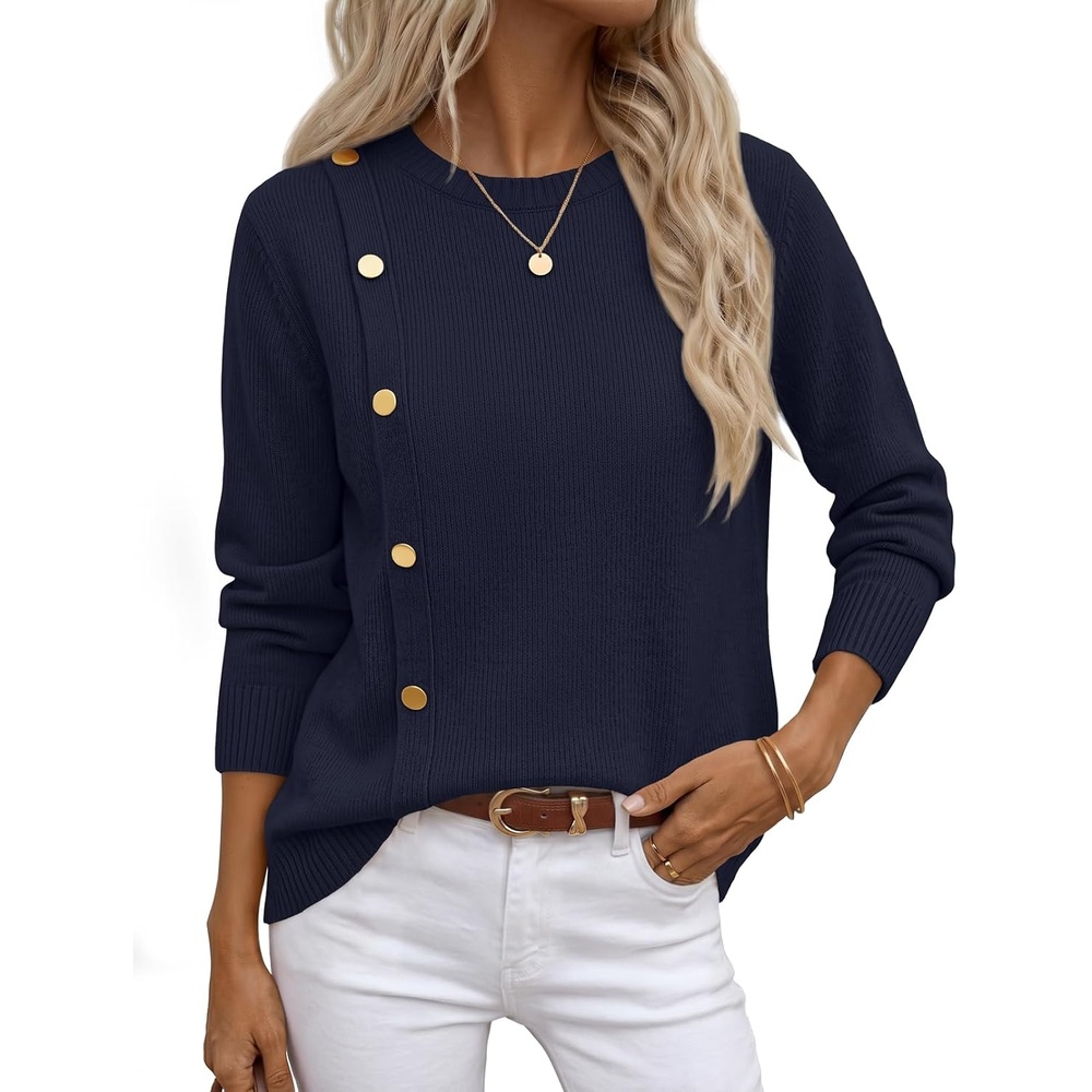 image:imageMEROKEETY Fall Sweaters for Women Long Sleeve Button Pullover Knit TopsNavy