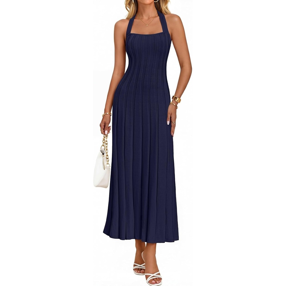 image:imageMEROKEETY Women Summer Halter Ribbed Bodycon Midi Sweater Dress 2026 FormalNavy