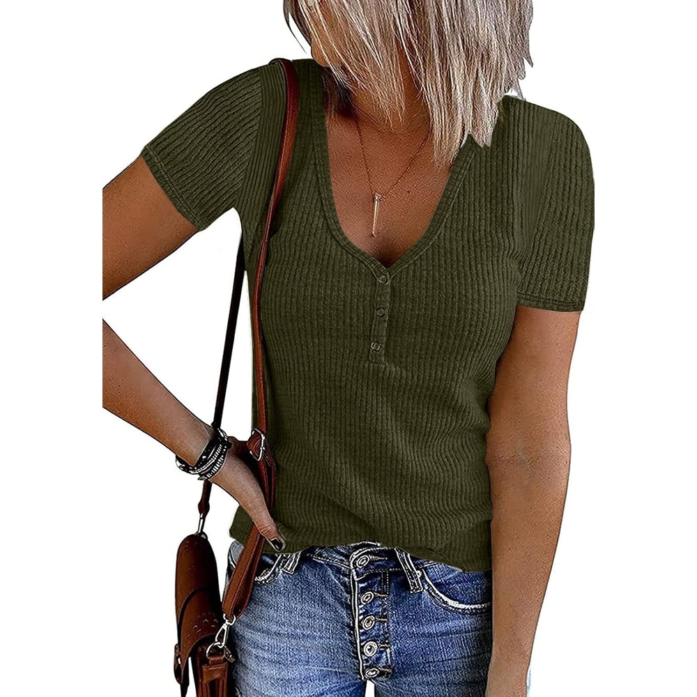 image:imageMEROKEETY Womens 2026 Summer Short Sleeve Tops Casual T ShirtsArmygreen