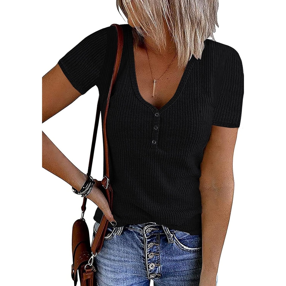 image:imageMEROKEETY Womens 2026 Summer Short Sleeve Tops Casual T ShirtsBlack