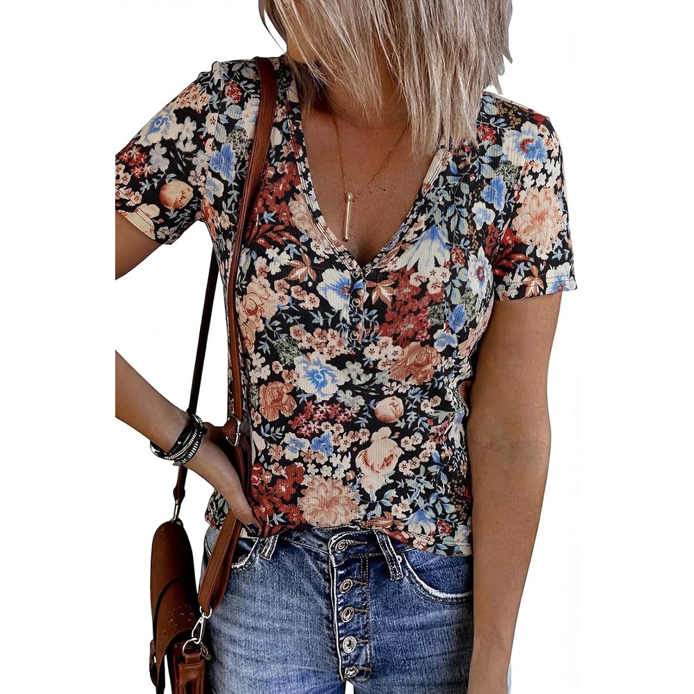 image:imageMEROKEETY Womens 2026 Summer Short Sleeve Tops Casual T ShirtsBlackfloral