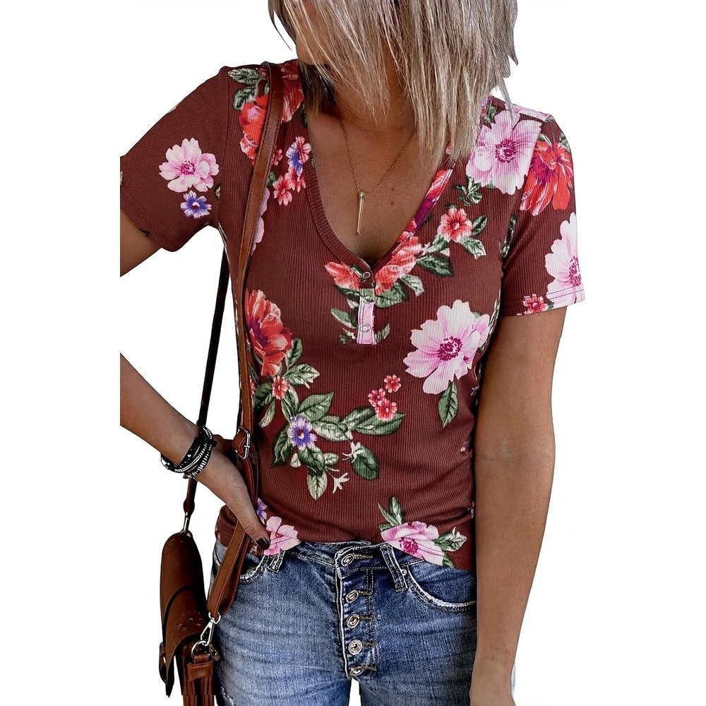 image:imageMEROKEETY Womens 2026 Summer Short Sleeve Tops Casual T ShirtsBrickredfloral