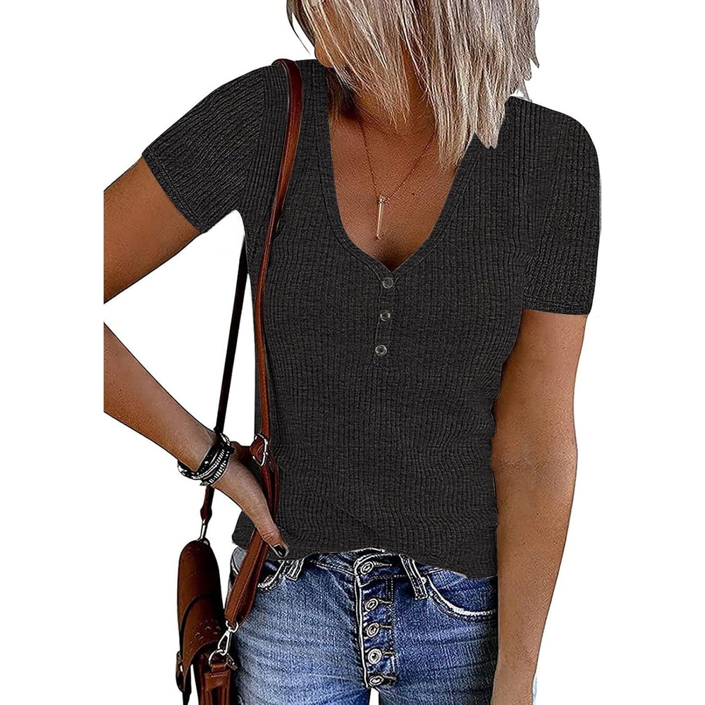 image:imageMEROKEETY Womens 2026 Summer Short Sleeve Tops Casual T ShirtsDarkgrey