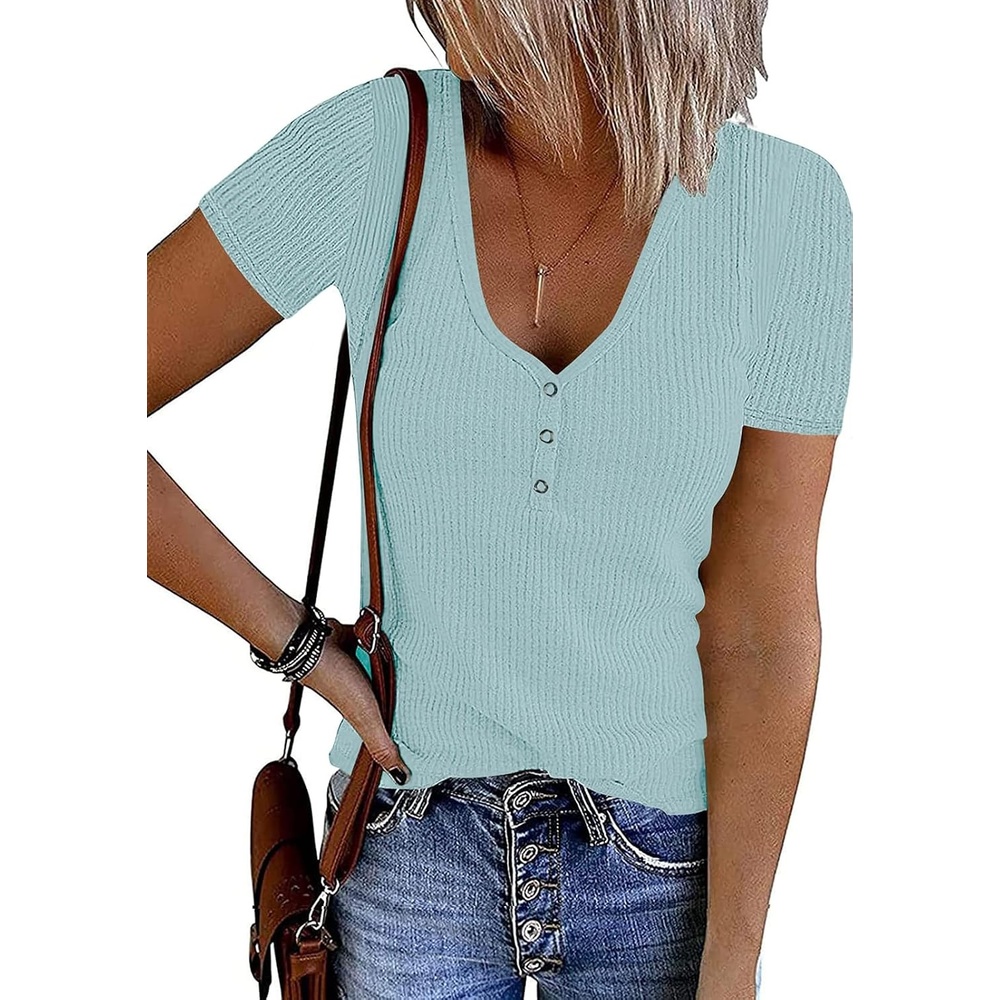 image:imageMEROKEETY Womens 2026 Summer Short Sleeve Tops Casual T ShirtsLightblue