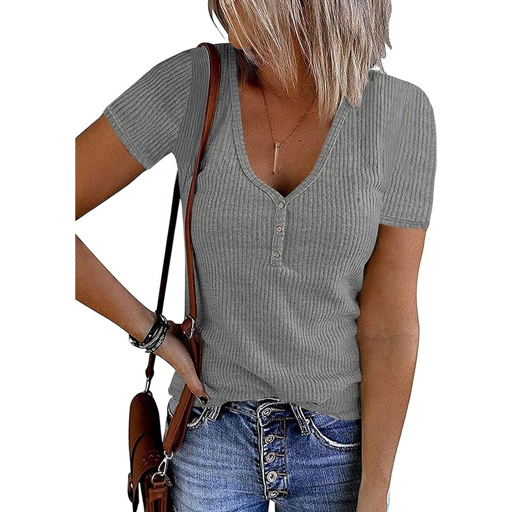 image:imageMEROKEETY Womens 2026 Summer Short Sleeve Tops Casual T ShirtsLightgrey