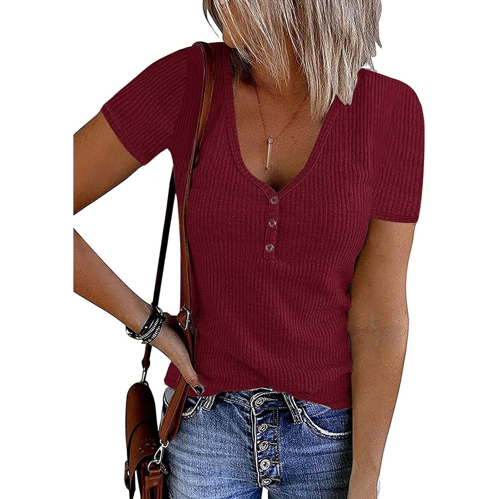 image:imageMEROKEETY Womens 2026 Summer Short Sleeve Tops Casual T ShirtsWine