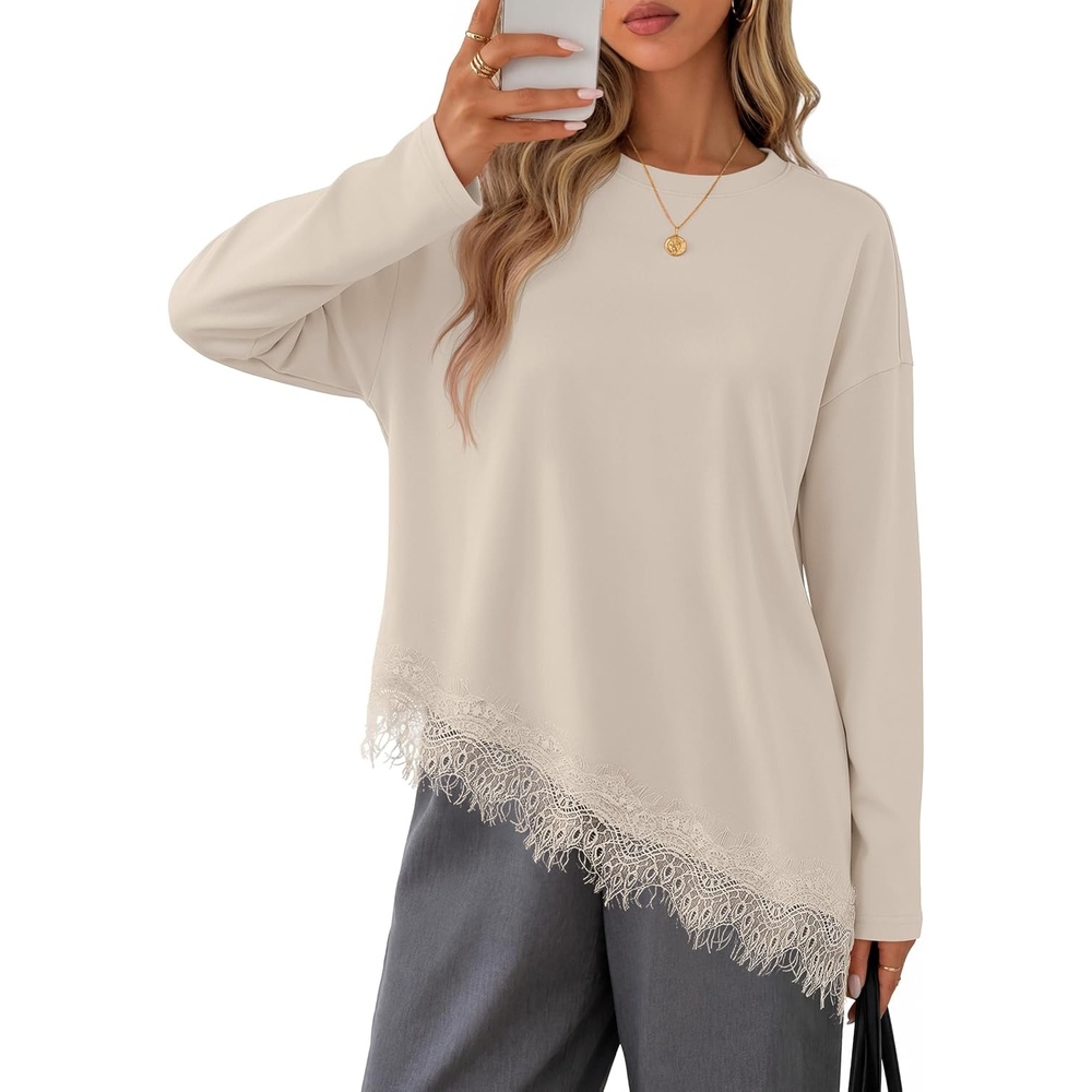 image:imageMEROKEETY Womens Fall Asymmetric Lace Long Sleeve Top Casual Cute ShirtsSand