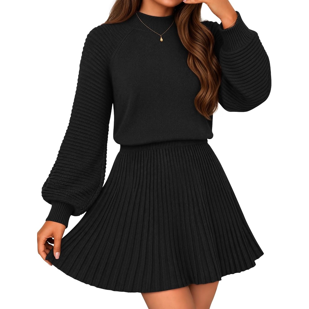 image:imageMEROKEETY Womens Fall Dress 2 Piece Outfits Mini Skirt Set Sweater DressesBlack