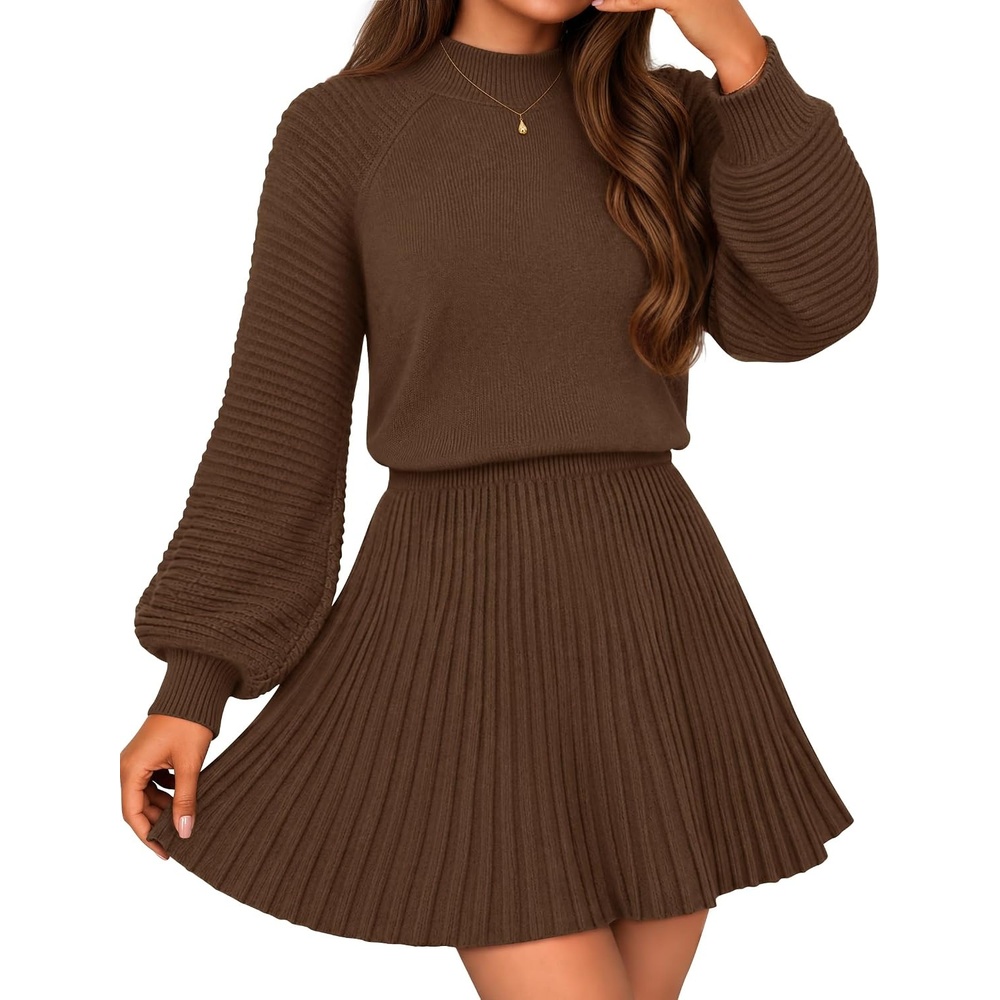 image:imageMEROKEETY Womens Fall Dress 2 Piece Outfits Mini Skirt Set Sweater DressesBrown