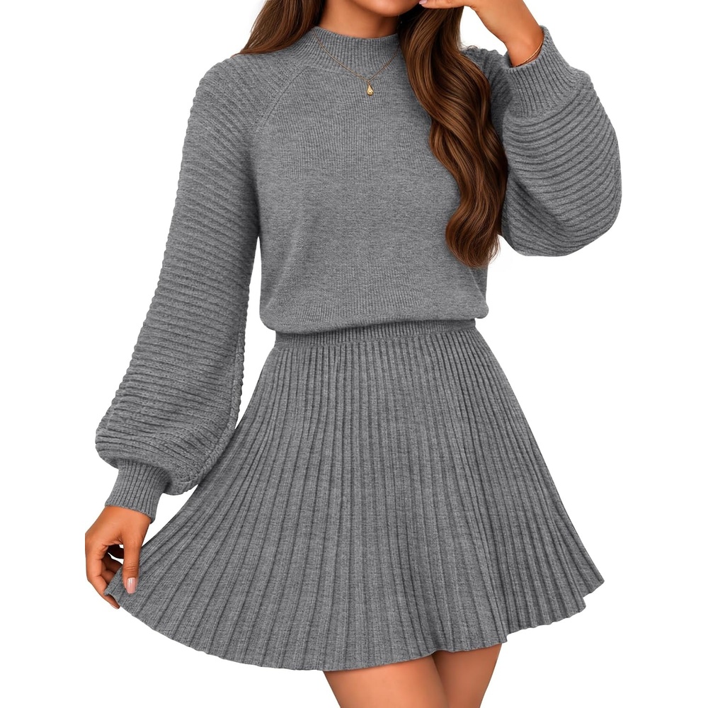 image:imageMEROKEETY Womens Fall Dress 2 Piece Outfits Mini Skirt Set Sweater DressesGrey