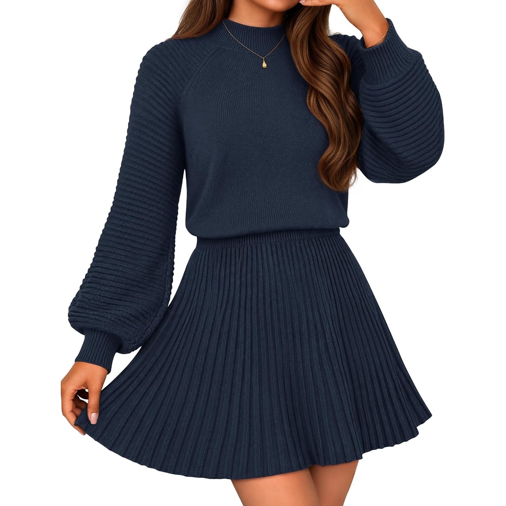image:imageMEROKEETY Womens Fall Dress 2 Piece Outfits Mini Skirt Set Sweater DressesNavy