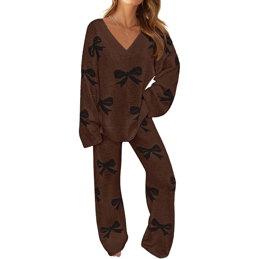 image:imageMEROKEETY Womens Fall Fleece 2 Piece Outfits Pajama Lounge SetsBowcoffee