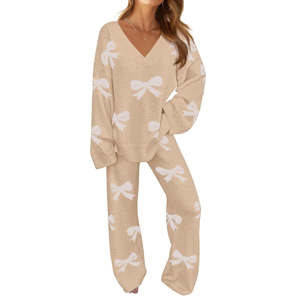 image:imageMEROKEETY Womens Fall Fleece 2 Piece Outfits Pajama Lounge SetsBowkhaki