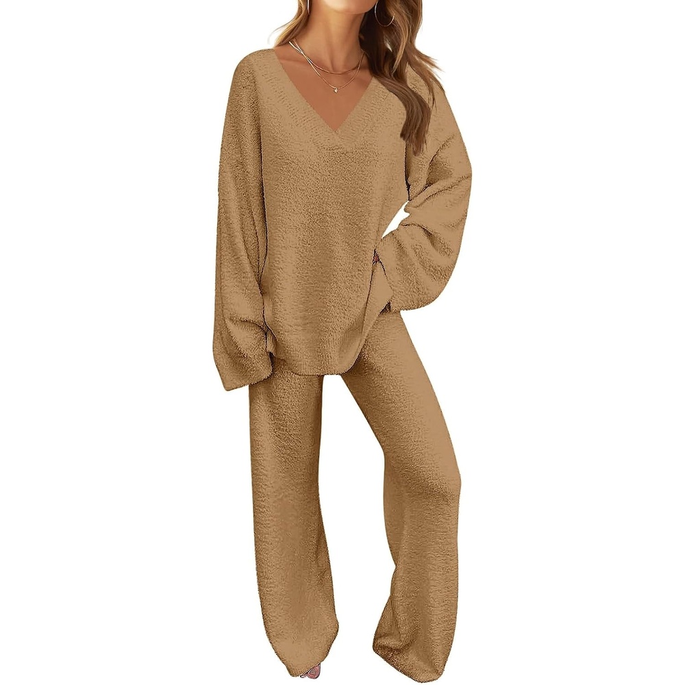 image:imageMEROKEETY Womens Fall Fleece 2 Piece Outfits Pajama Lounge SetsCamel