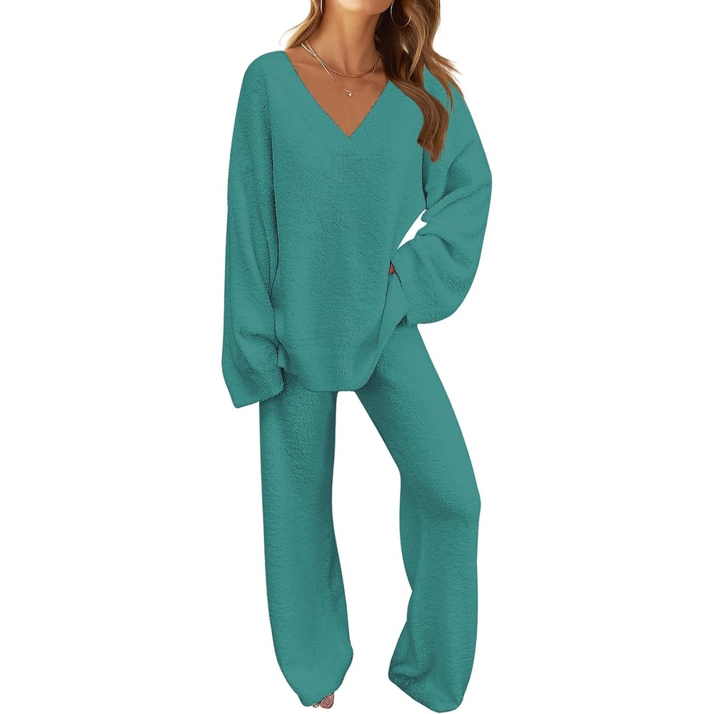 image:imageMEROKEETY Womens Fall Fleece 2 Piece Outfits Pajama Lounge SetsLakeblue