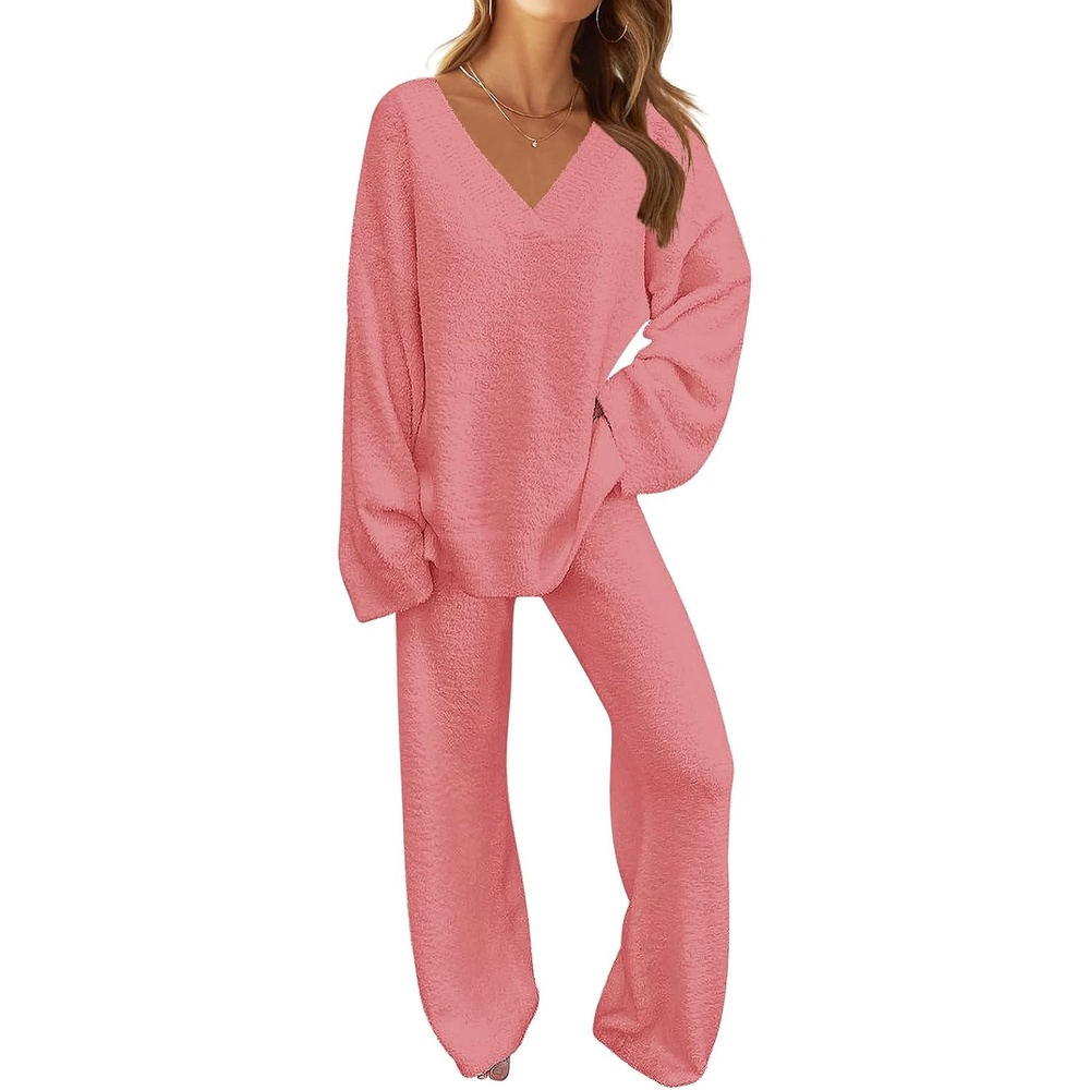 image:imageMEROKEETY Womens Fall Fleece 2 Piece Outfits Pajama Lounge SetsLightcoral