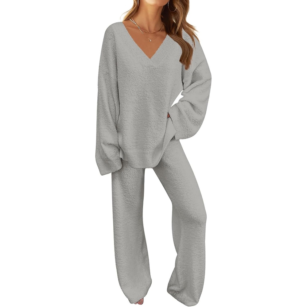 image:imageMEROKEETY Womens Fall Fleece 2 Piece Outfits Pajama Lounge SetsLightgrey