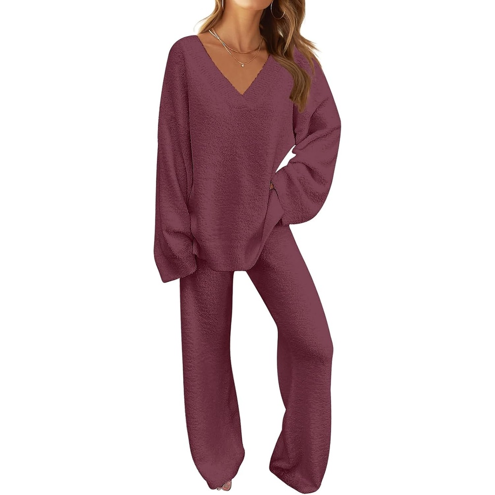 image:imageMEROKEETY Womens Fall Fleece 2 Piece Outfits Pajama Lounge SetsMarron
