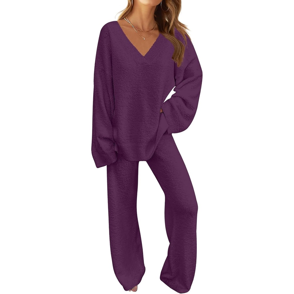 image:imageMEROKEETY Womens Fall Fleece 2 Piece Outfits Pajama Lounge SetsPlum