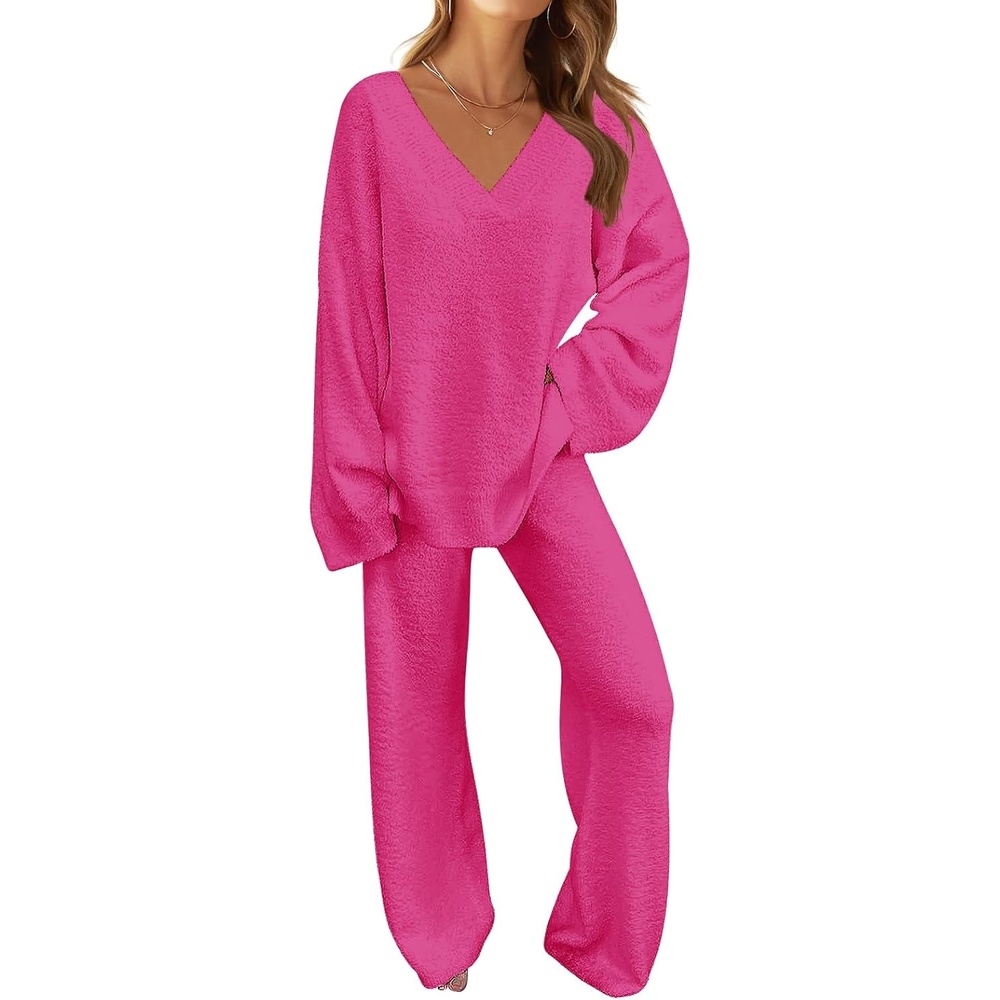 image:imageMEROKEETY Womens Fall Fleece 2 Piece Outfits Pajama Lounge SetsRose