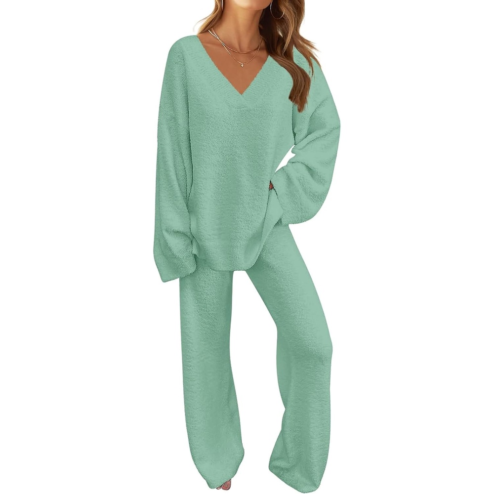 image:imageMEROKEETY Womens Fall Fleece 2 Piece Outfits Pajama Lounge SetsSage