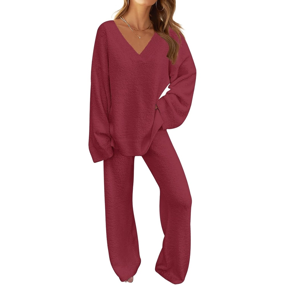 image:imageMEROKEETY Womens Fall Fleece 2 Piece Outfits Pajama Lounge SetsWine