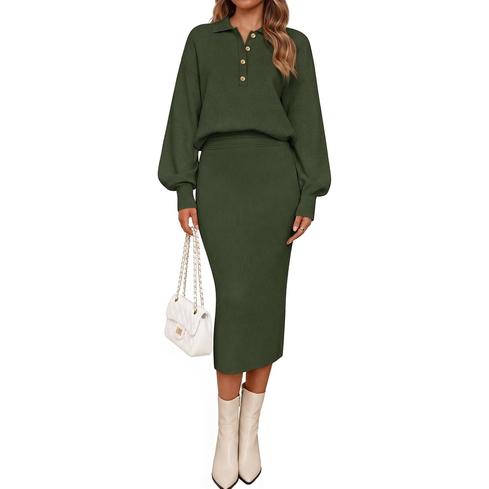 image:imageMEROKEETY Womens Fall Long Sleeve Bodycon Midi Sweater DressArmygreen