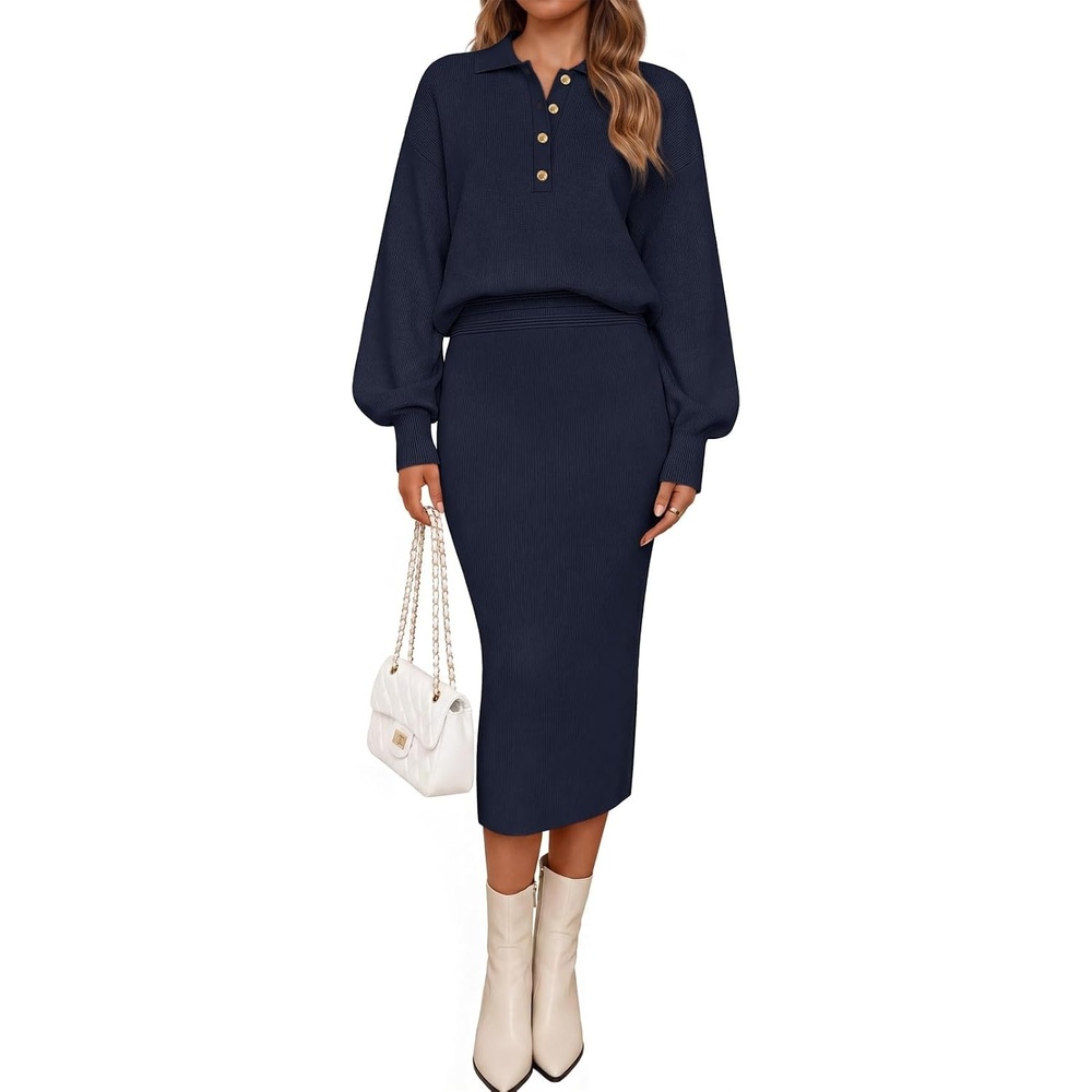 image:imageMEROKEETY Womens Fall Long Sleeve Bodycon Midi Sweater DressNavy