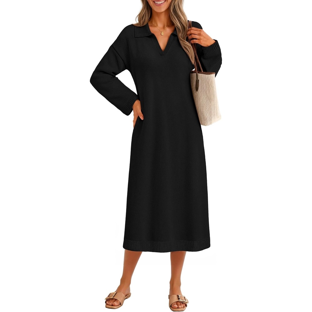 image:imageMEROKEETY Womens Fall Long Sleeve Midi Sweater Dress V Neck Knit DressesBlack