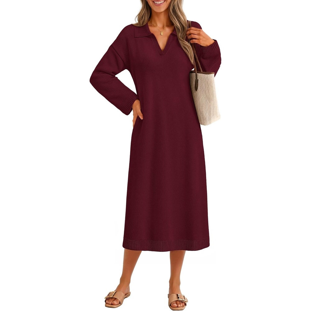 image:imageMEROKEETY Womens Fall Long Sleeve Midi Sweater Dress V Neck Knit DressesBurgundy