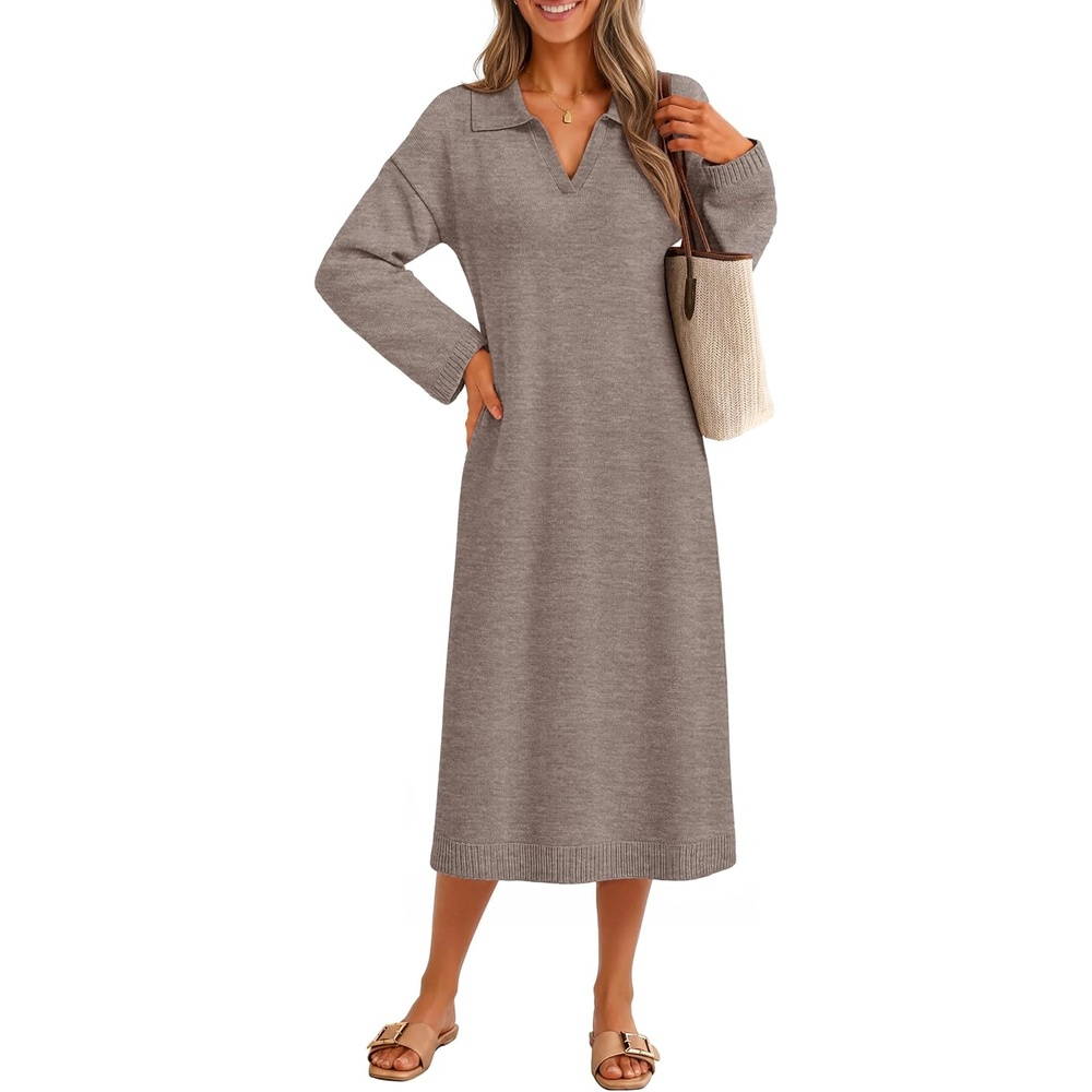 image:imageMEROKEETY Womens Fall Long Sleeve Midi Sweater Dress V Neck Knit DressesCamel