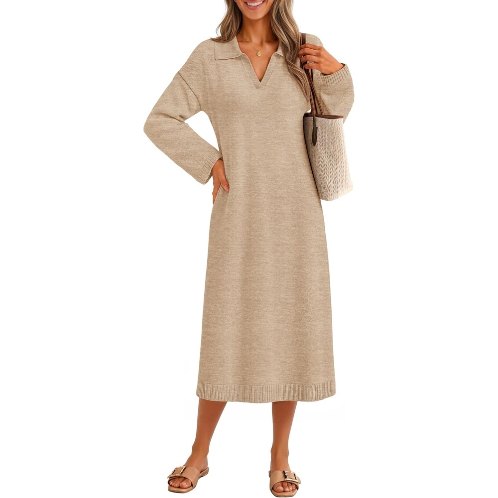 image:imageMEROKEETY Womens Fall Long Sleeve Midi Sweater Dress V Neck Knit DressesOatmeal