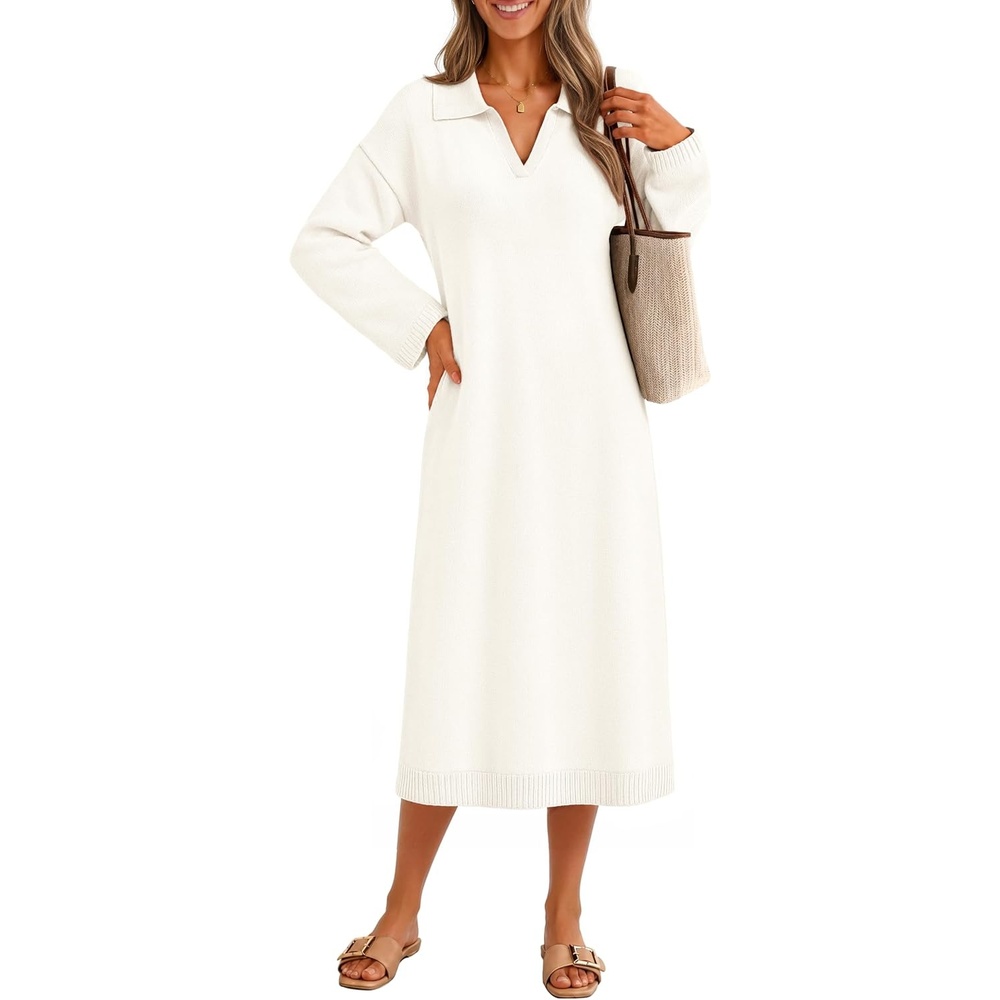 image:imageMEROKEETY Womens Fall Long Sleeve Midi Sweater Dress V Neck Knit DressesWhite