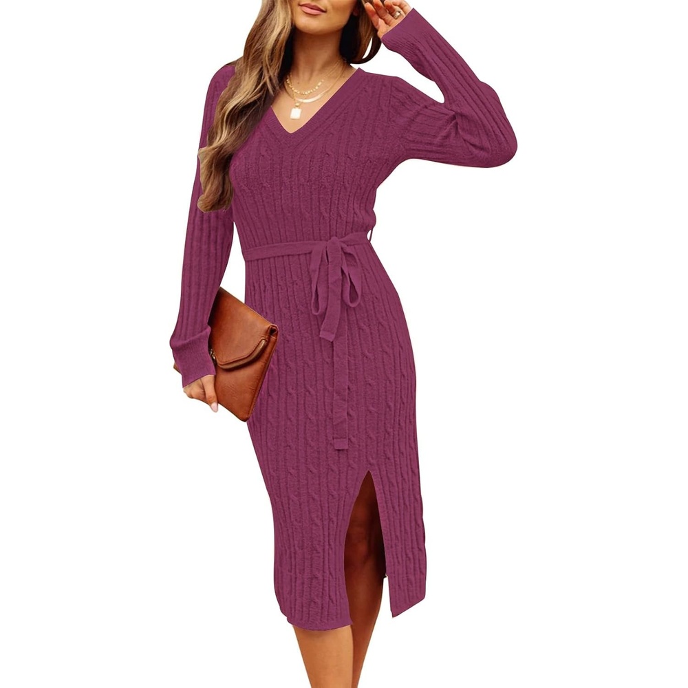 image:imageMEROKEETY Womens Fall Long Sleeve V Neck Cable Knit Midi Sweater Dress 2026Raspberry