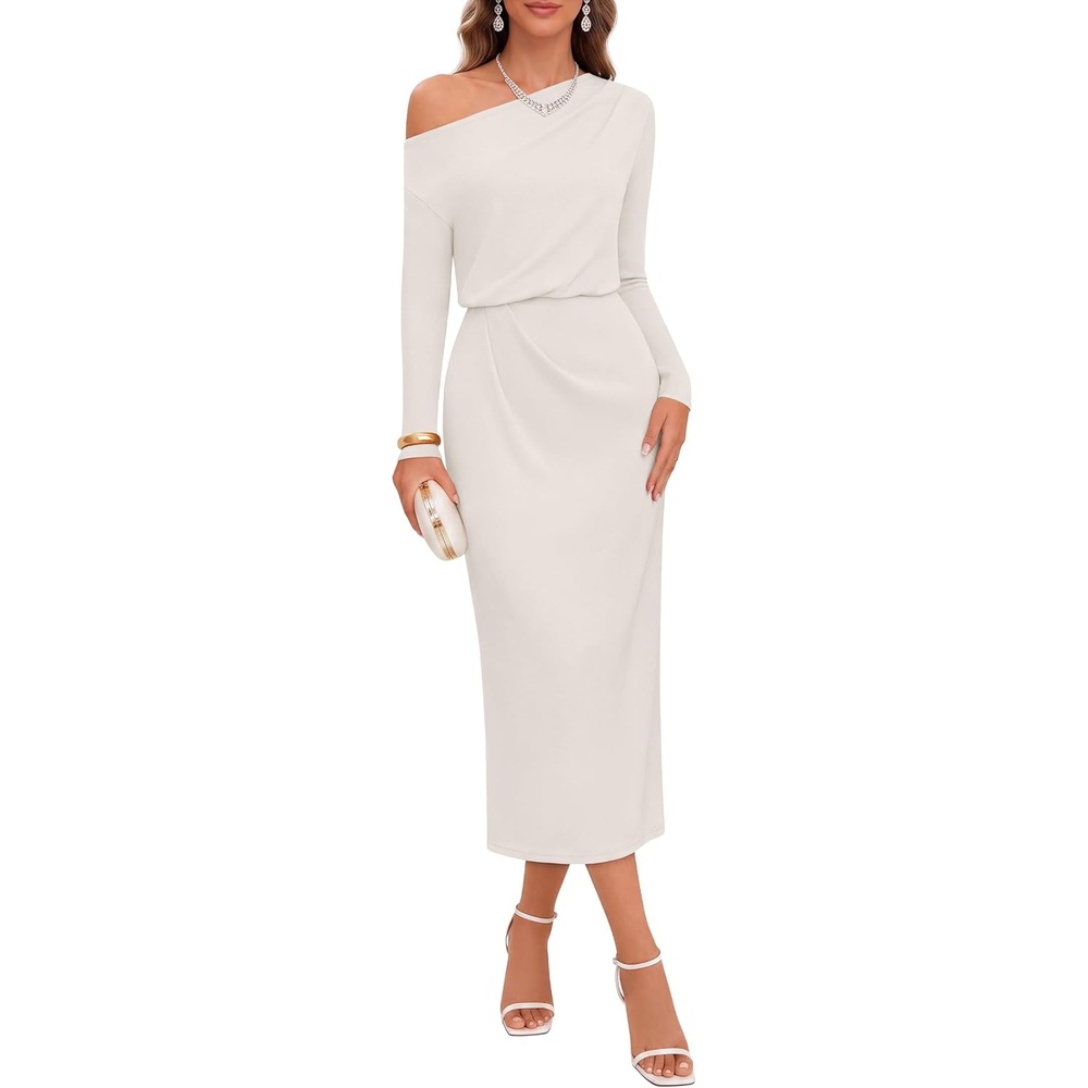 image:imageMEROKEETY Womens Fall Off Shoulder Long Sleeve Wedding Guest Midi DressWhite