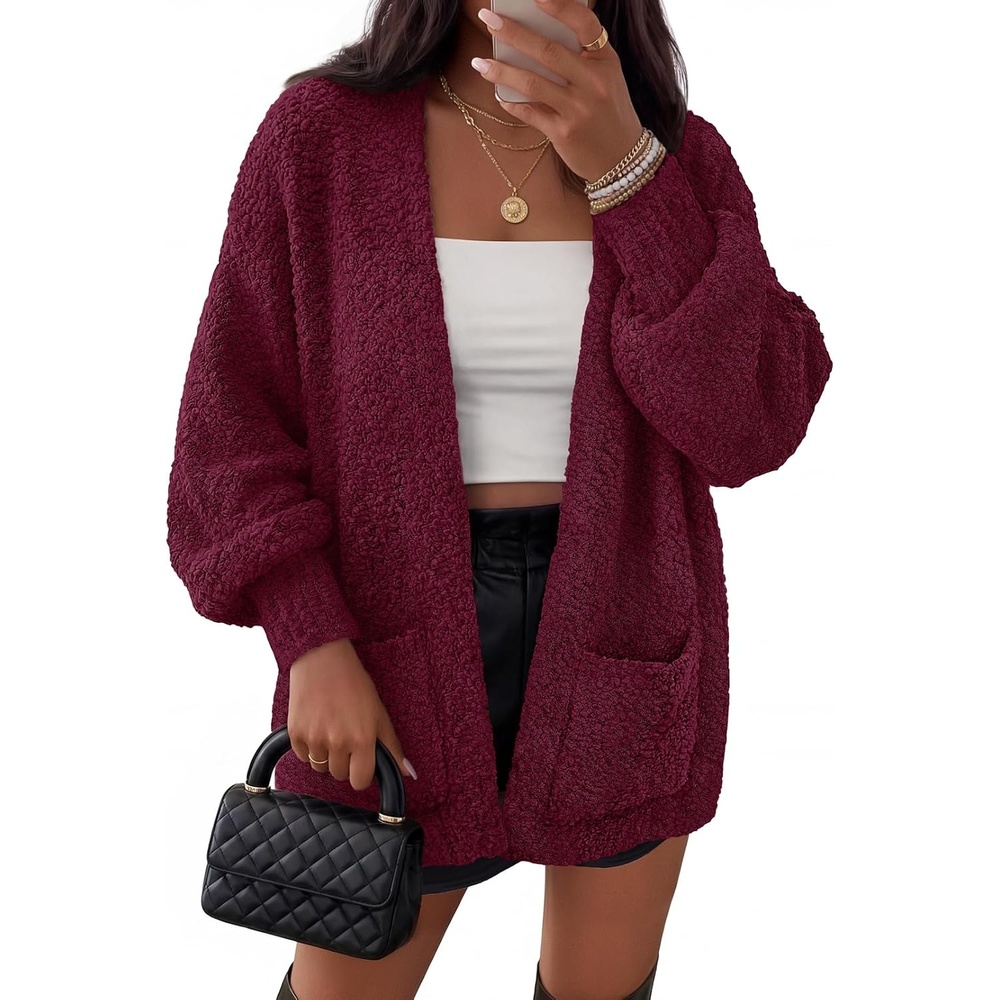 image:imageMEROKEETY Womens Fuzzy Popcorn Oversized Sherpa Chenille Cardigan SweatersBurgundy