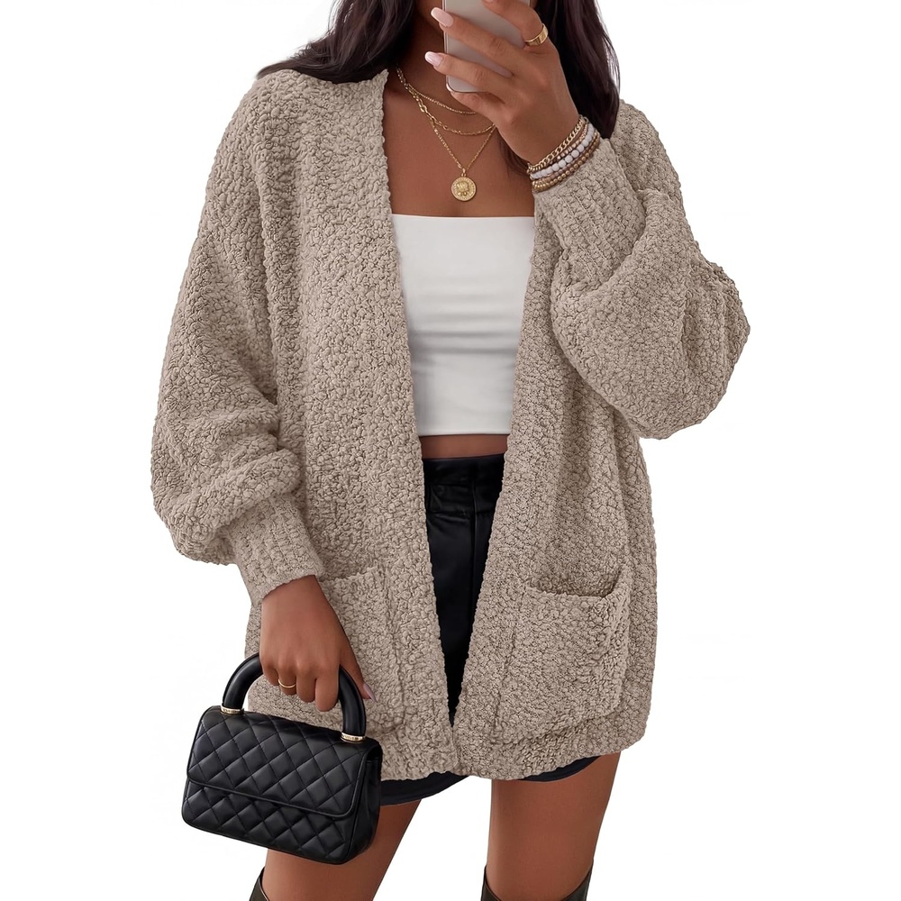 image:imageMEROKEETY Womens Fuzzy Popcorn Oversized Sherpa Chenille Cardigan SweatersKhaki