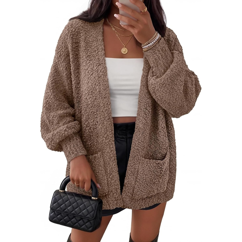 image:imageMEROKEETY Womens Fuzzy Popcorn Oversized Sherpa Chenille Cardigan SweatersMocha