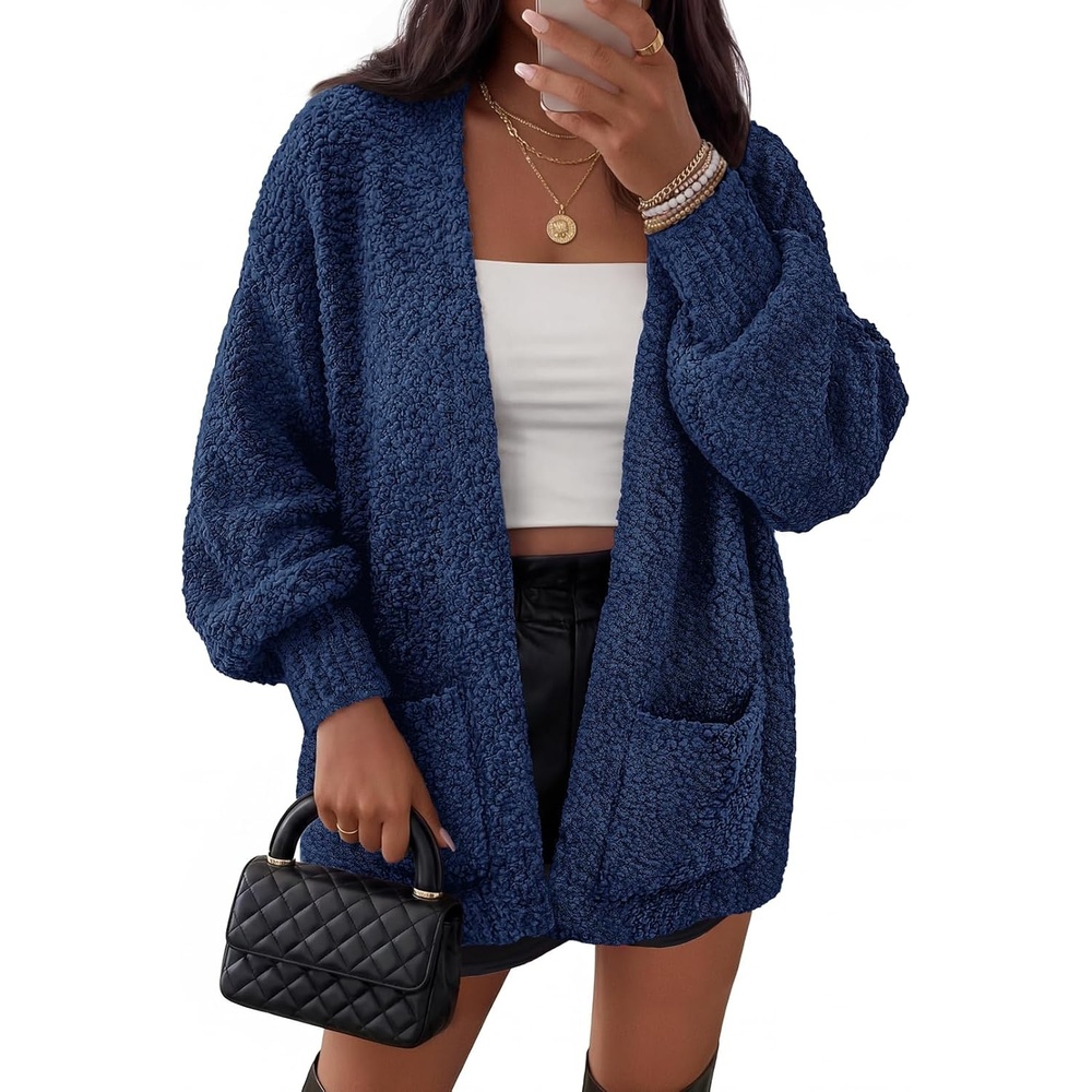 image:imageMEROKEETY Womens Fuzzy Popcorn Oversized Sherpa Chenille Cardigan SweatersNavy
