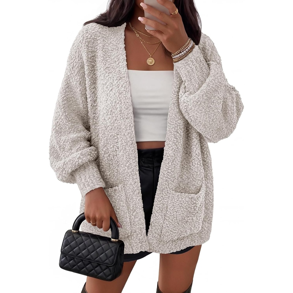 image:imageMEROKEETY Womens Fuzzy Popcorn Oversized Sherpa Chenille Cardigan SweatersOffwhite